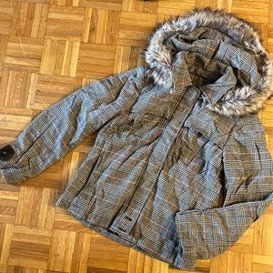 Cole Haan wool plaid rabbit trim hooded jacket in brown Size XS